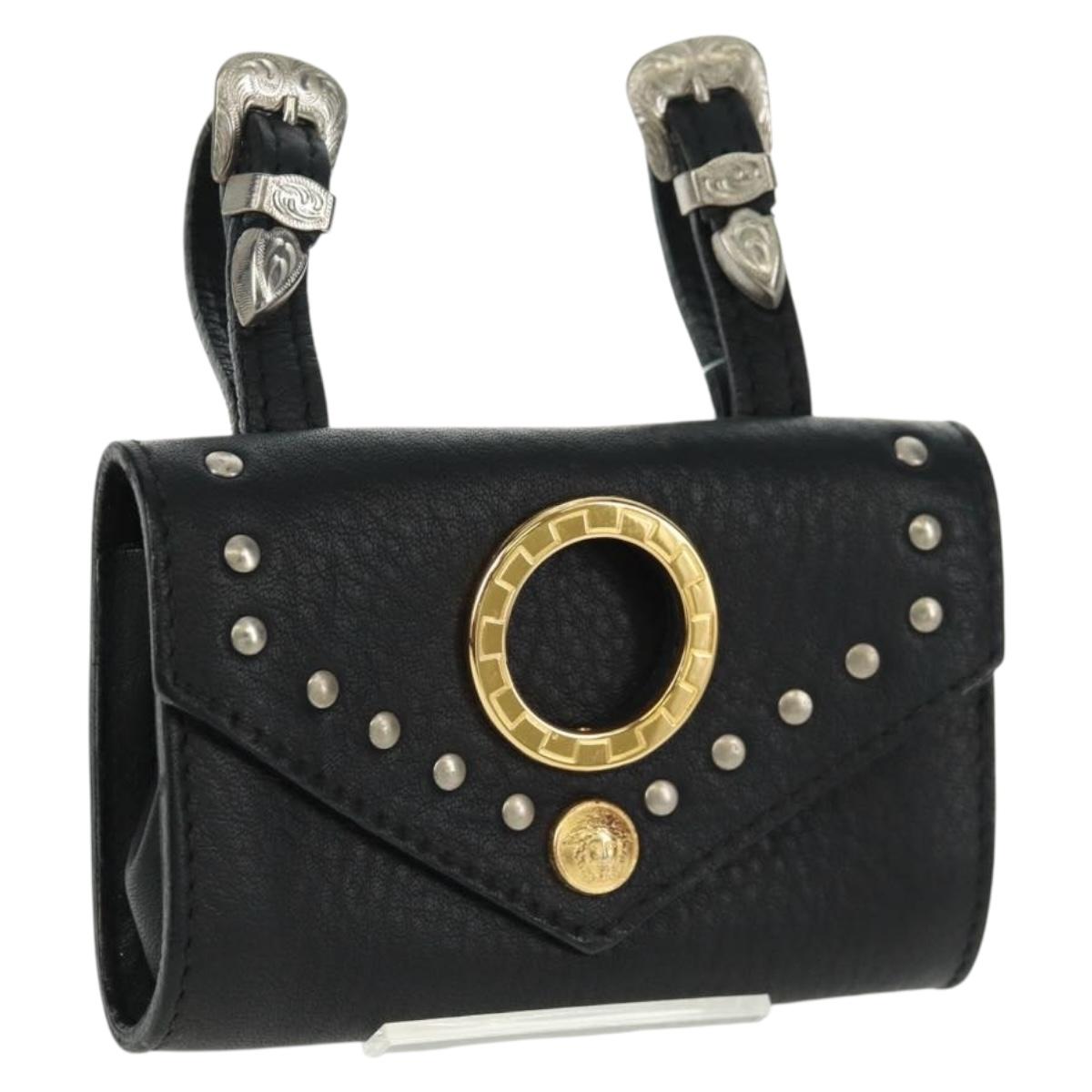 Gianni Versace Pouch Leather Black Gold Auth 169116V