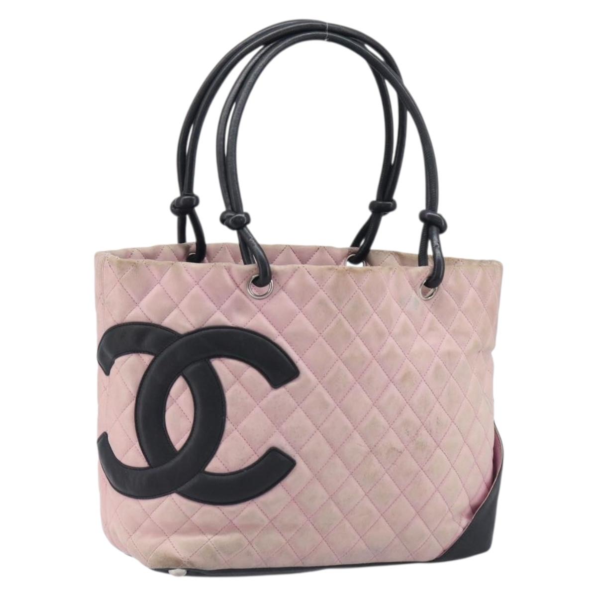 CHANEL Cambon Line Tote Bag Leather Pink Silver CC Auth 169166