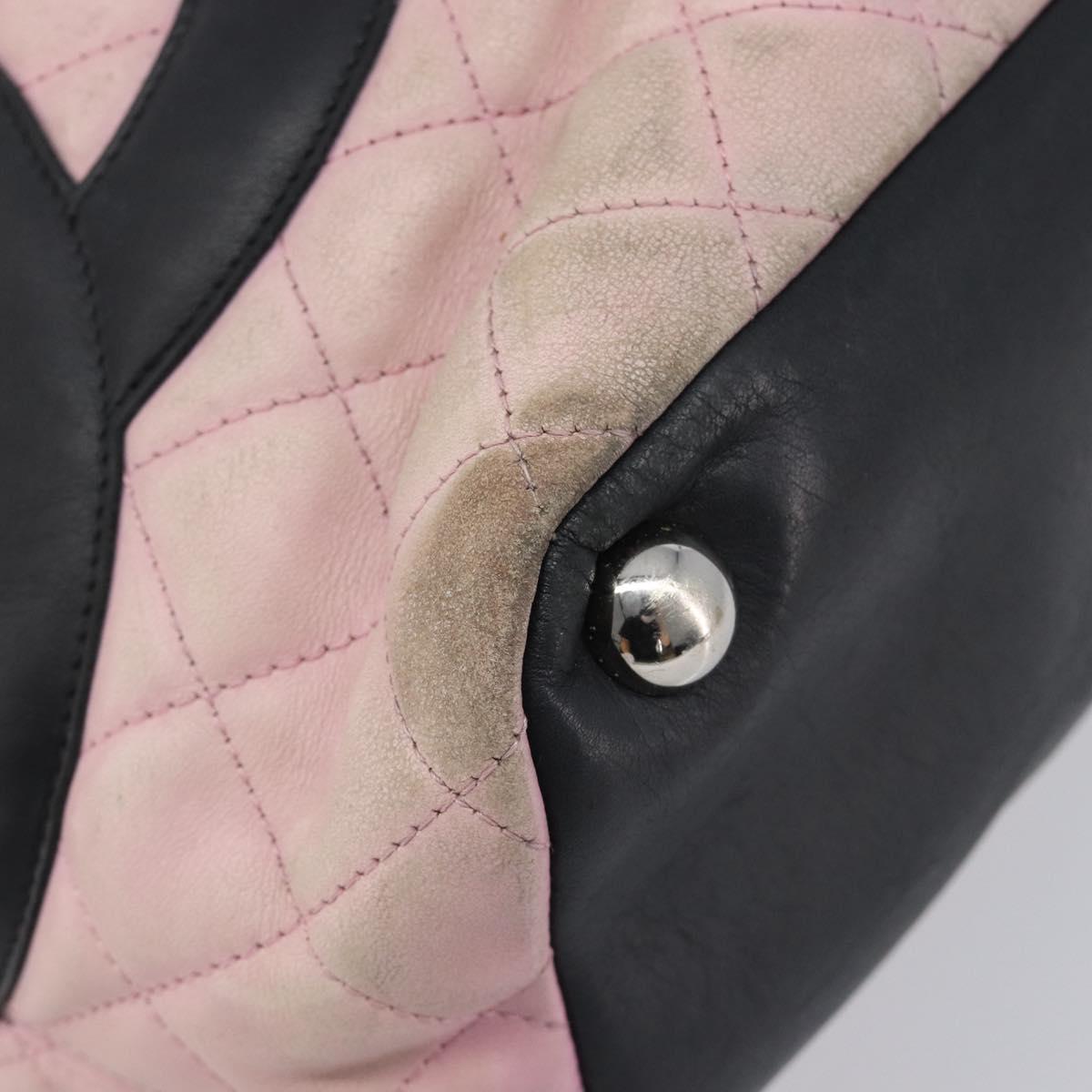CHANEL Cambon Line Tote Bag Leather Pink Silver CC Auth 169166