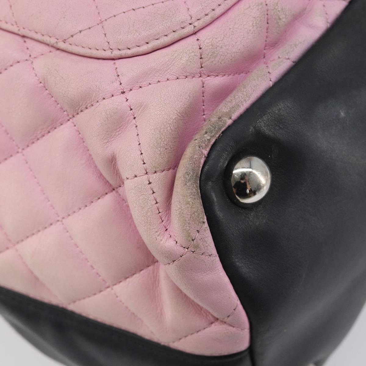 CHANEL Cambon Line Tote Bag Leather Pink Silver CC Auth 169166