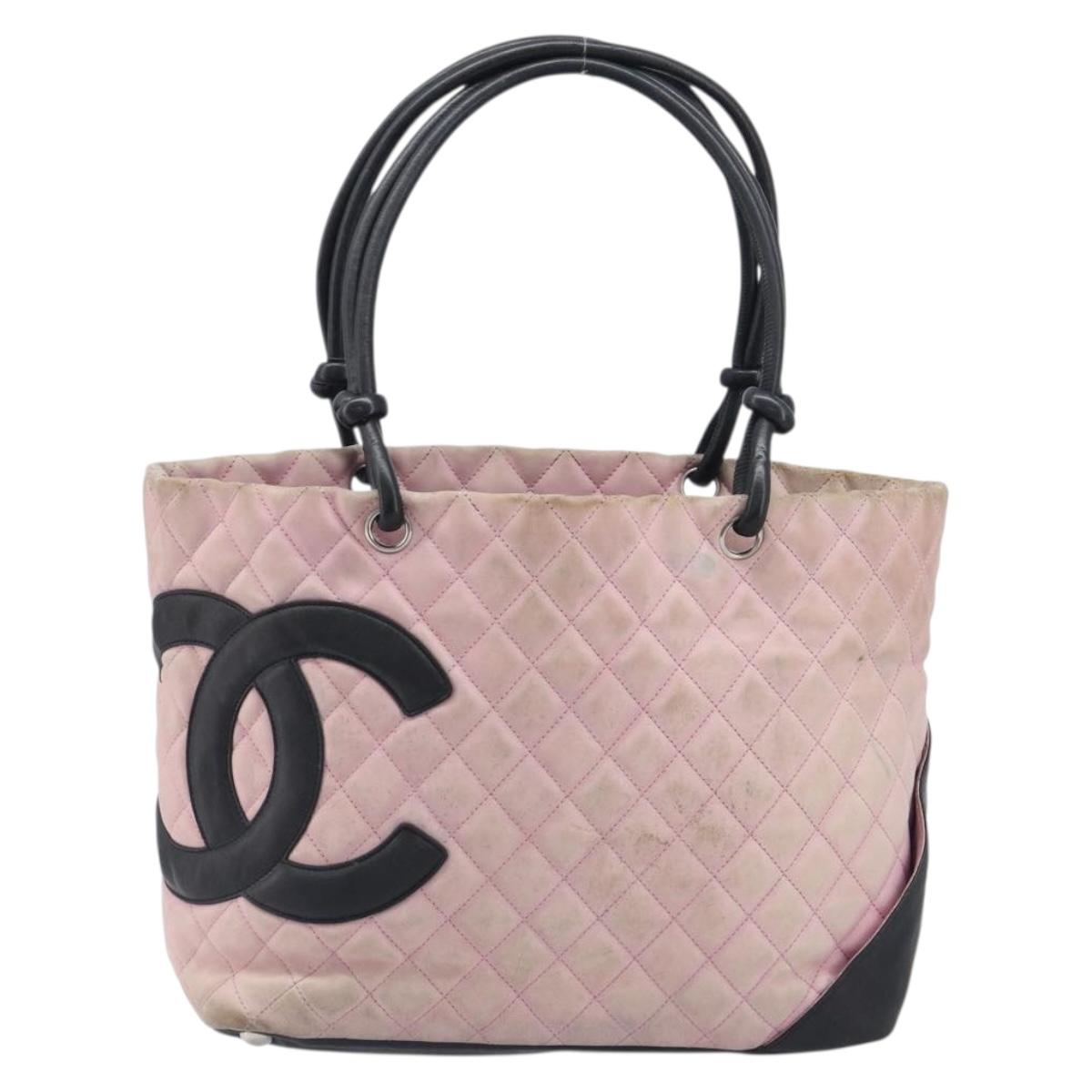 CHANEL Cambon Line Tote Bag Leather Pink Silver CC Auth 169166