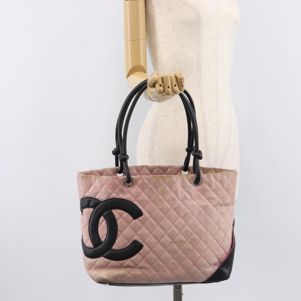 CHANEL Cambon Line Tote Bag Leather Pink Silver CC Auth 169166