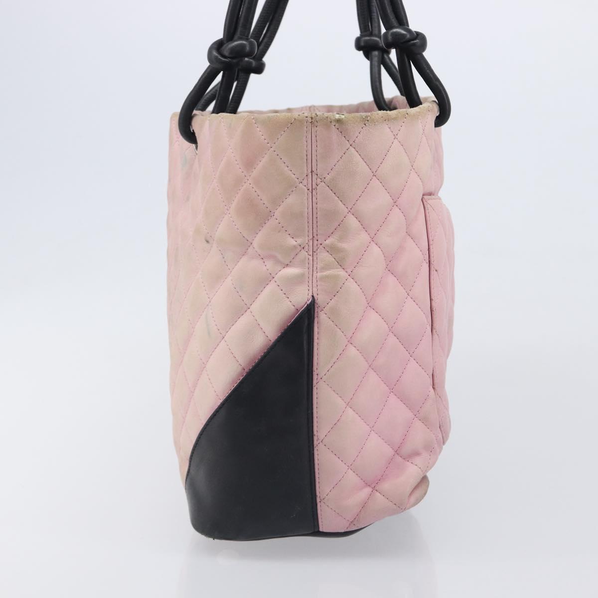 CHANEL Cambon Line Tote Bag Leather Pink Silver CC Auth 169166
