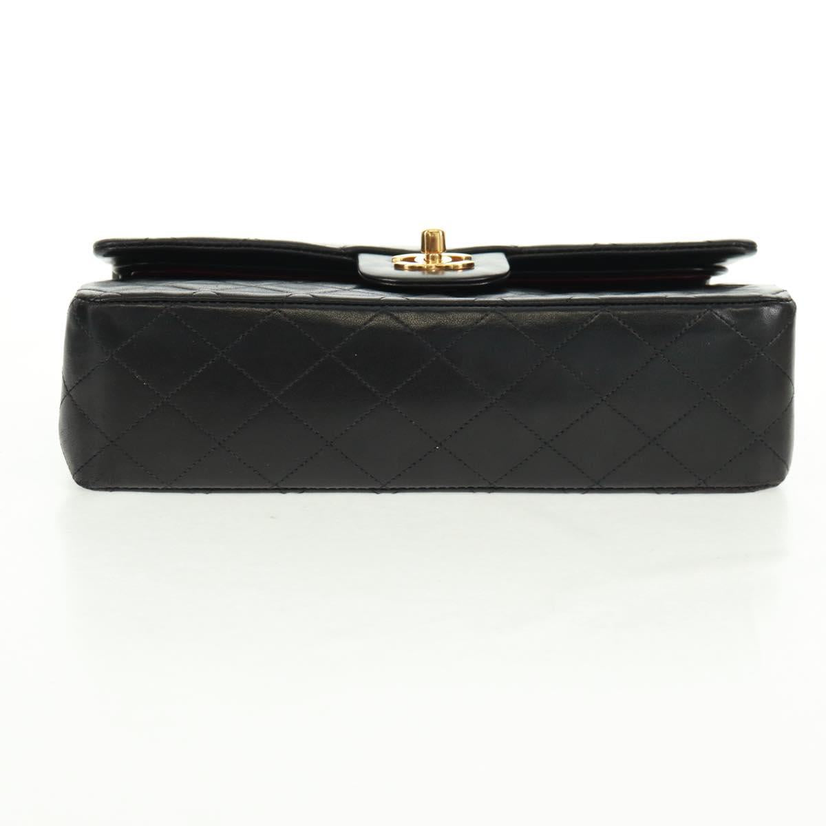 CHANEL Matelasse 25 Double Flap Chain Bag Lamb Skin Black Gold CC Auth 169170SAV