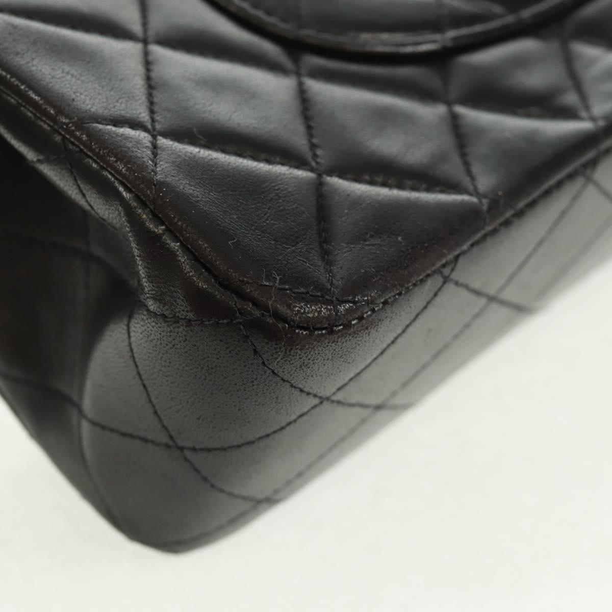 CHANEL Matelasse 25 Double Flap Chain Bag Lamb Skin Black Gold CC Auth 169170SAV