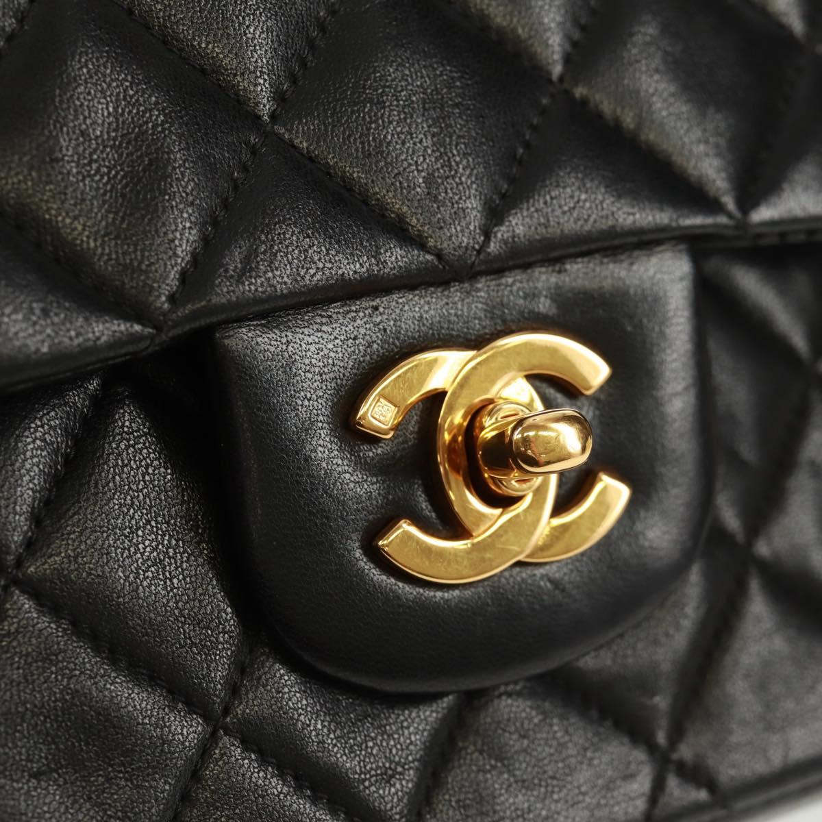 CHANEL Matelasse 25 Double Flap Chain Bag Lamb Skin Black Gold CC Auth 169170SAV