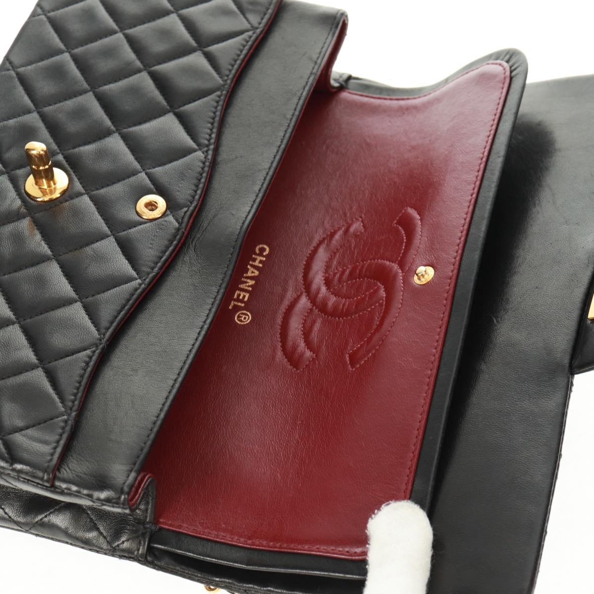 CHANEL Matelasse 25 Double Flap Chain Bag Lamb Skin Black Gold CC Auth 169170SAV
