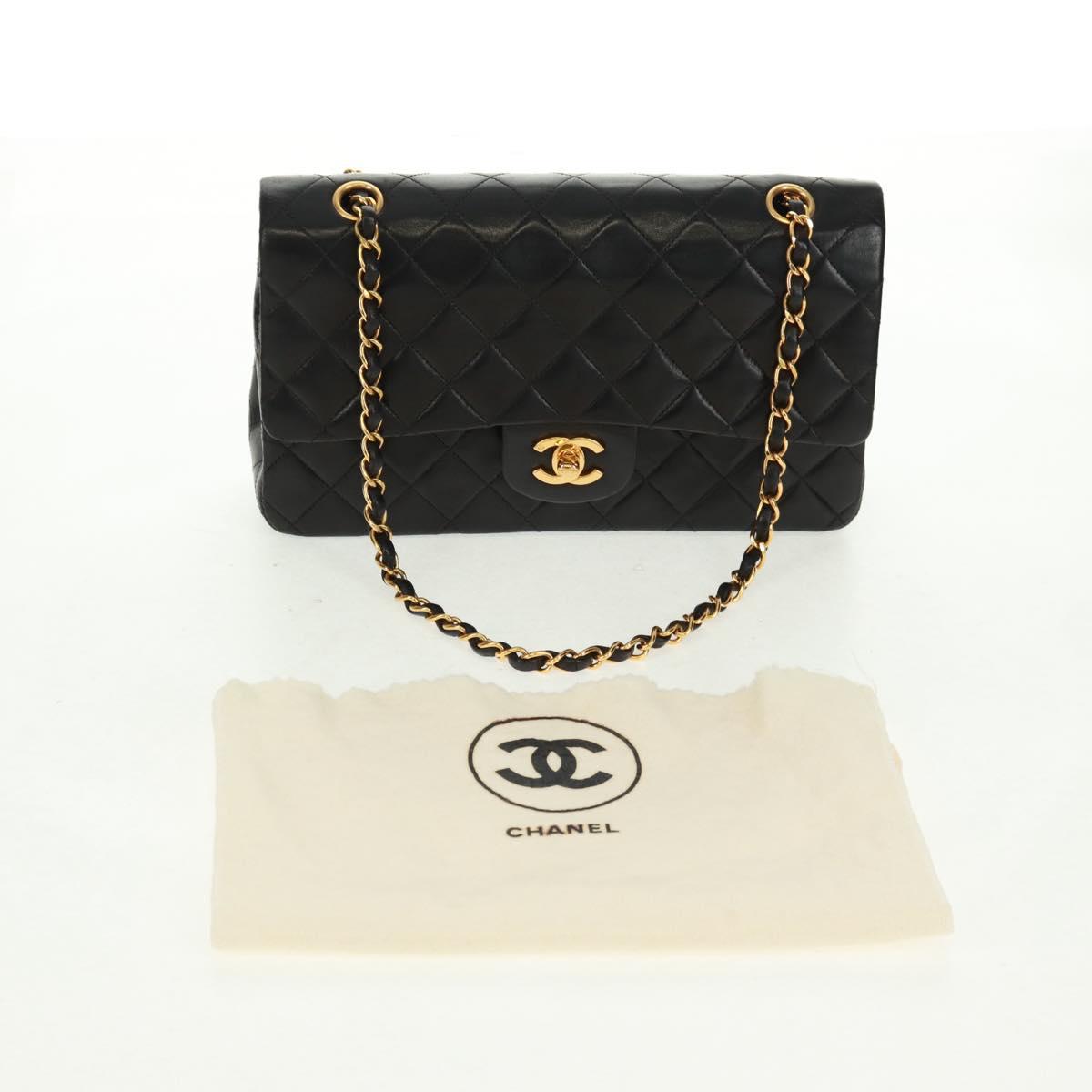 CHANEL Matelasse 25 Double Flap Chain Bag Lamb Skin Black Gold CC Auth 169170SAV