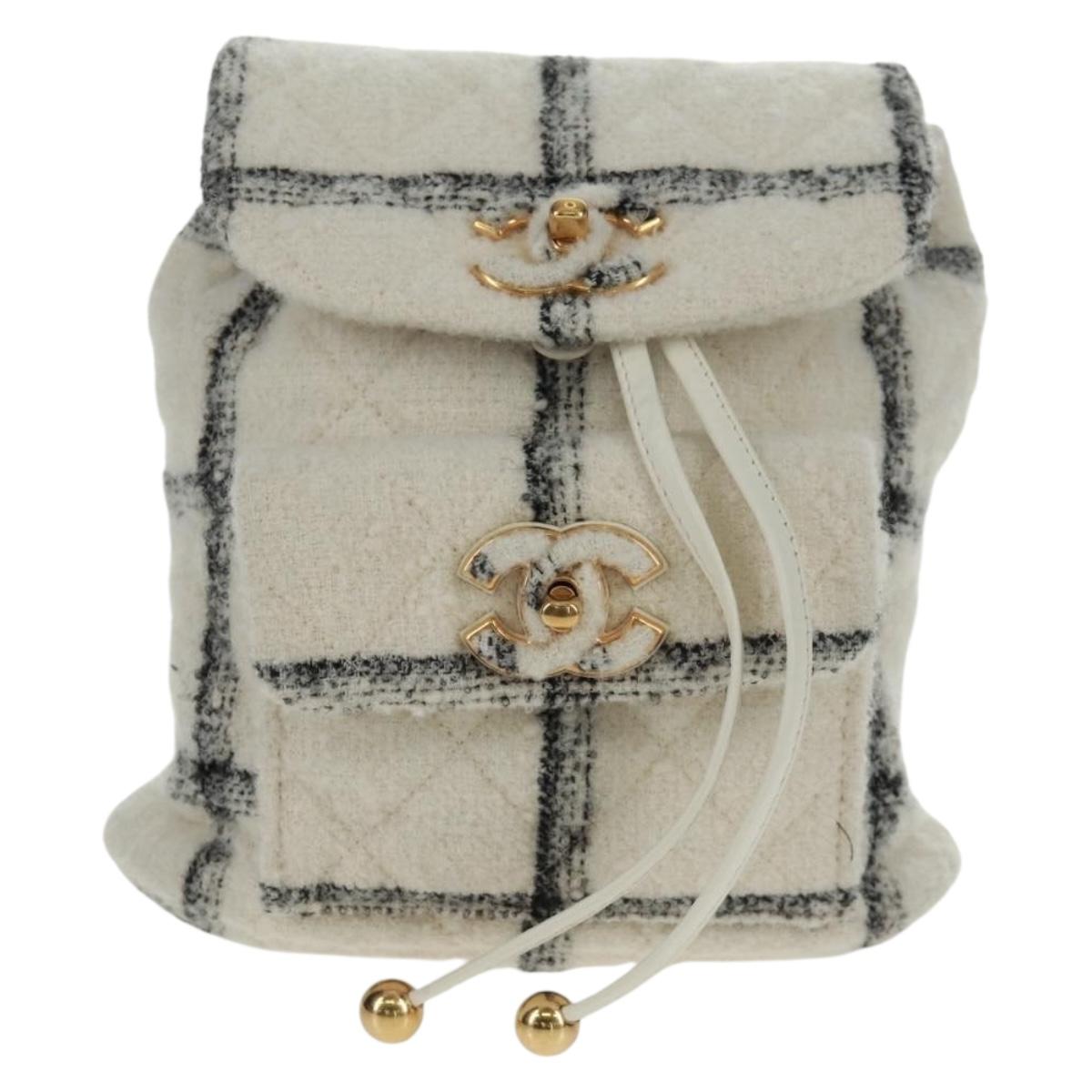 CHANEL Backpack Tweed Gold White CC Auth 169198SM