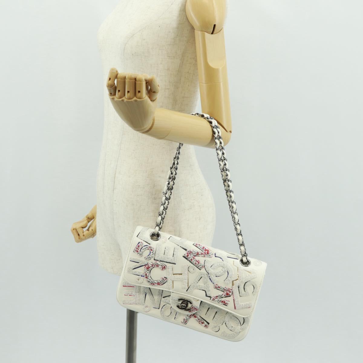 CHANEL Chain Shoulder Bag Leather White Silver CC Auth 169199SM