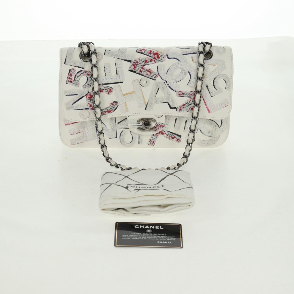 CHANEL Chain Shoulder Bag Leather White Silver CC Auth 169199SM