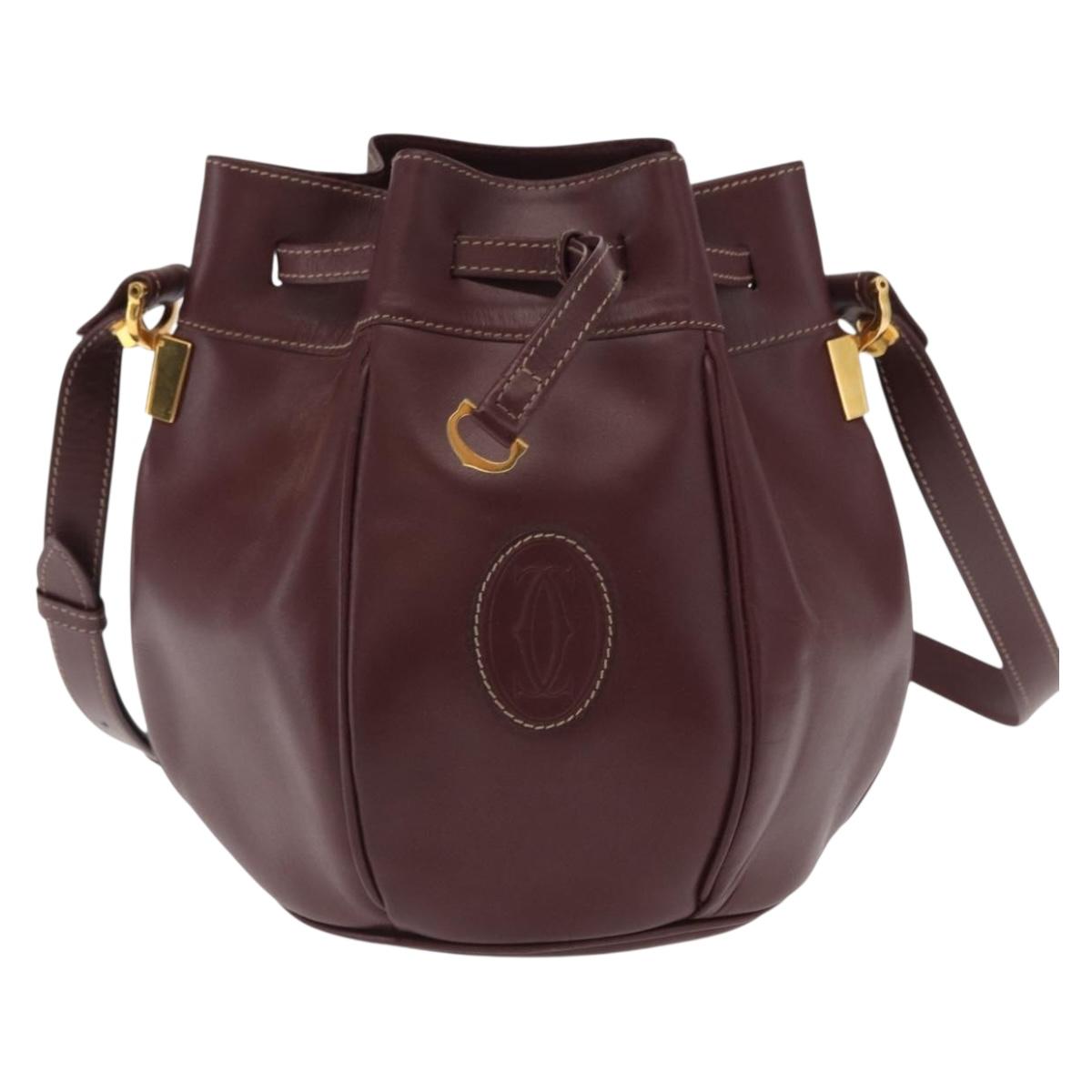 CARTIER Must Line Shoulder Bag Leather Bordeaux Gold Auth 169368