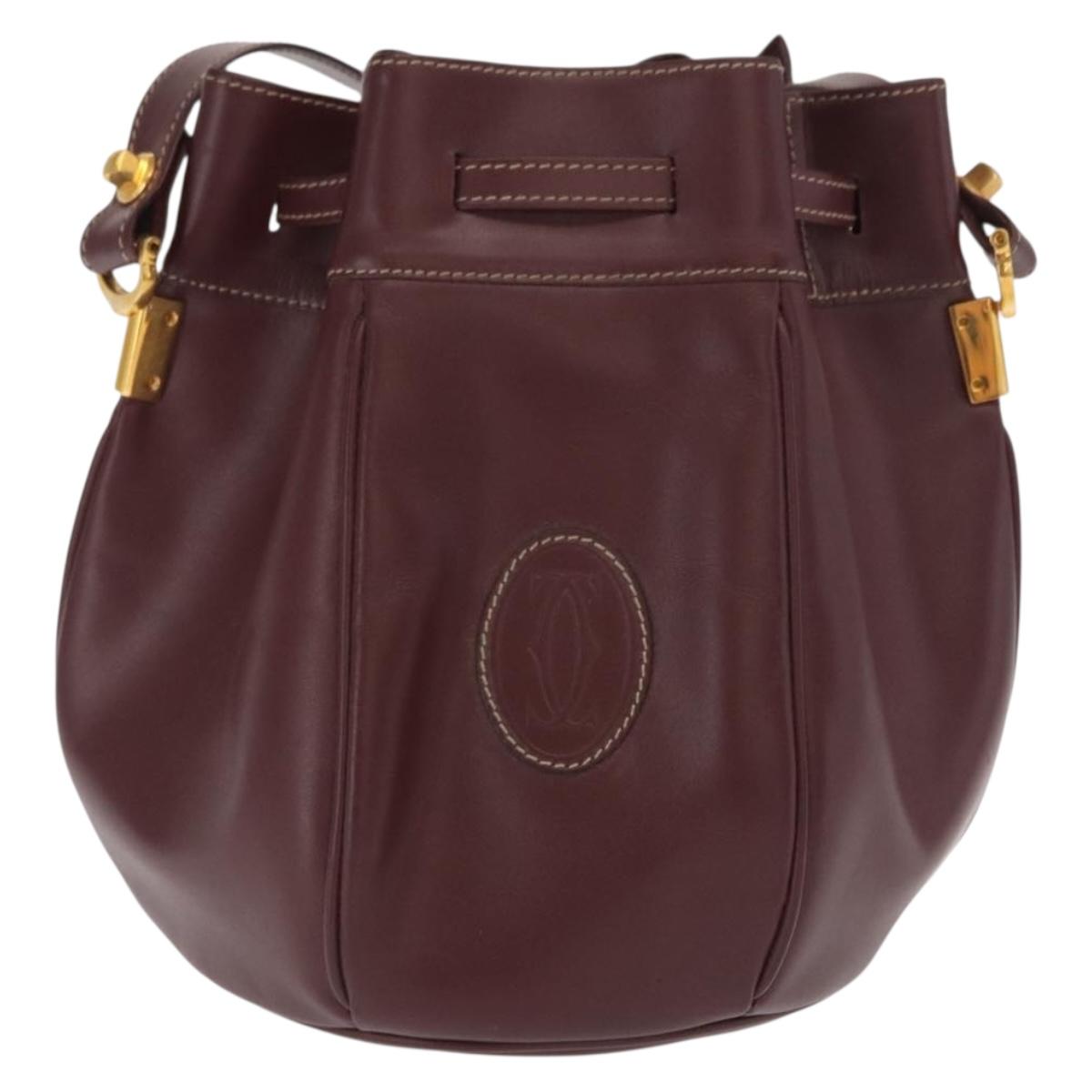 CARTIER Must Line Shoulder Bag Leather Bordeaux Gold Auth 169368