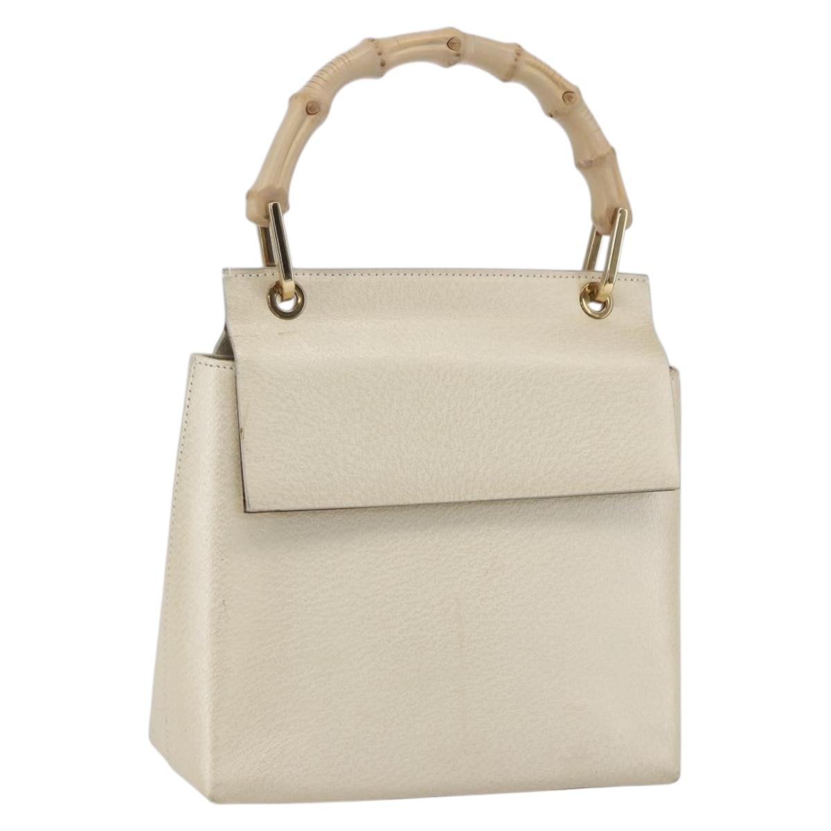 GUCCI Bamboo Hand Bag Leather White Gold 000 1014 1888 Auth 169372