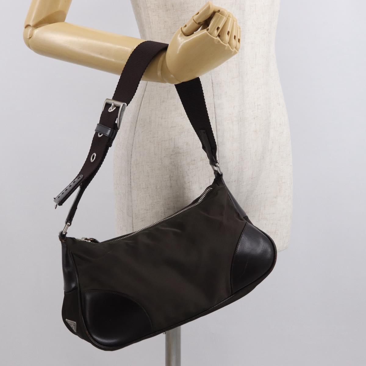 PRADA Shoulder Bag Nylon Khaki Silver Auth 169376