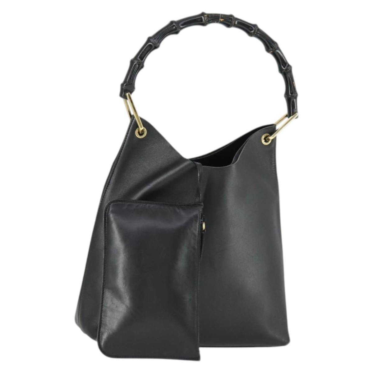 GUCCI Bamboo Shoulder Bag Leather Black Gold 001 2113 1880 Auth 169379