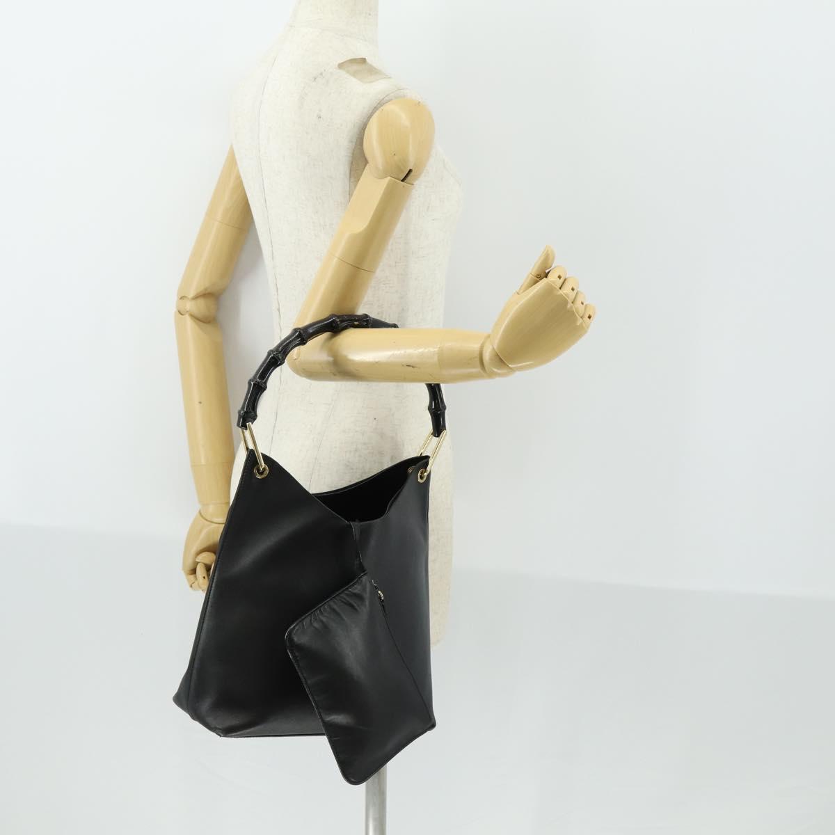 GUCCI Bamboo Shoulder Bag Leather Black Gold 001 2113 1880 Auth 169379