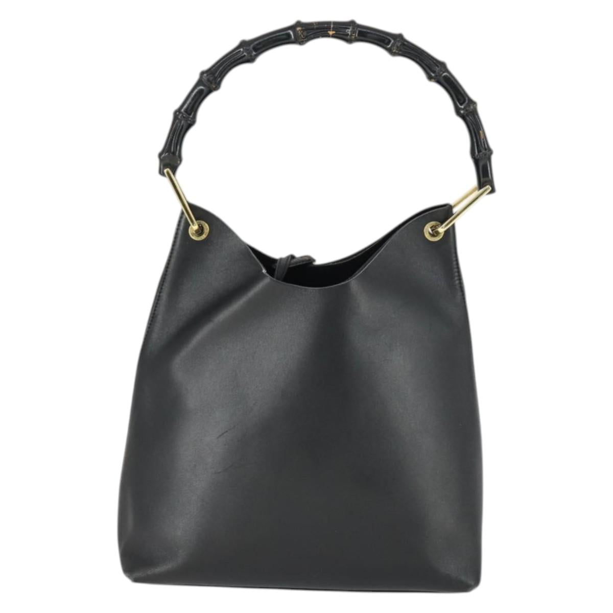 GUCCI Bamboo Shoulder Bag Leather Black Gold 001 2113 1880 Auth 169379