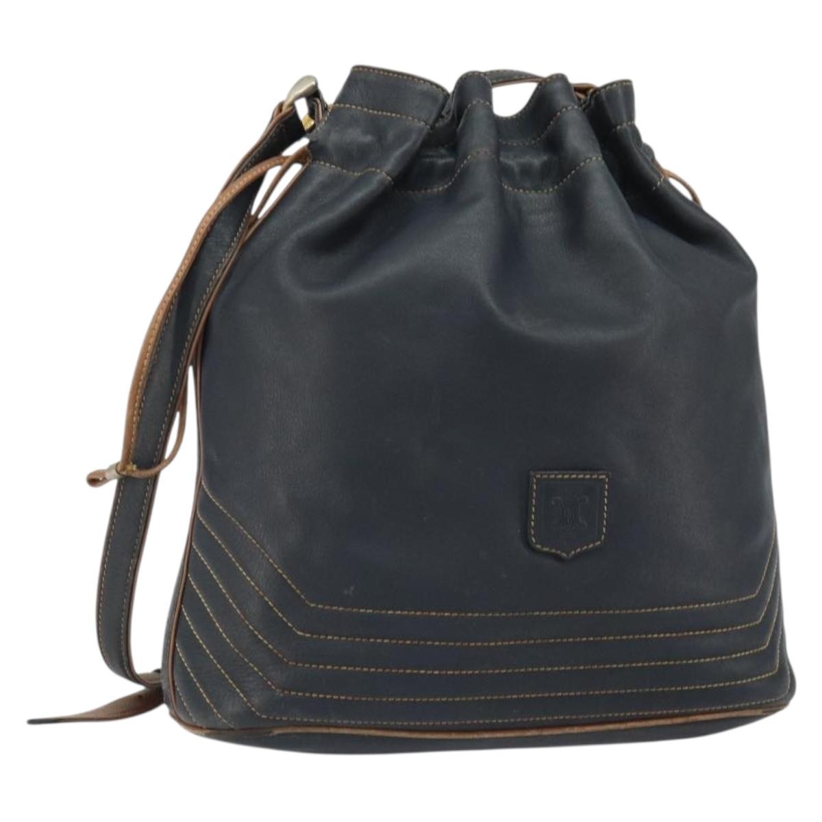 CELINE Purse Shoulder Bag Leather Black Gold Auth 169404