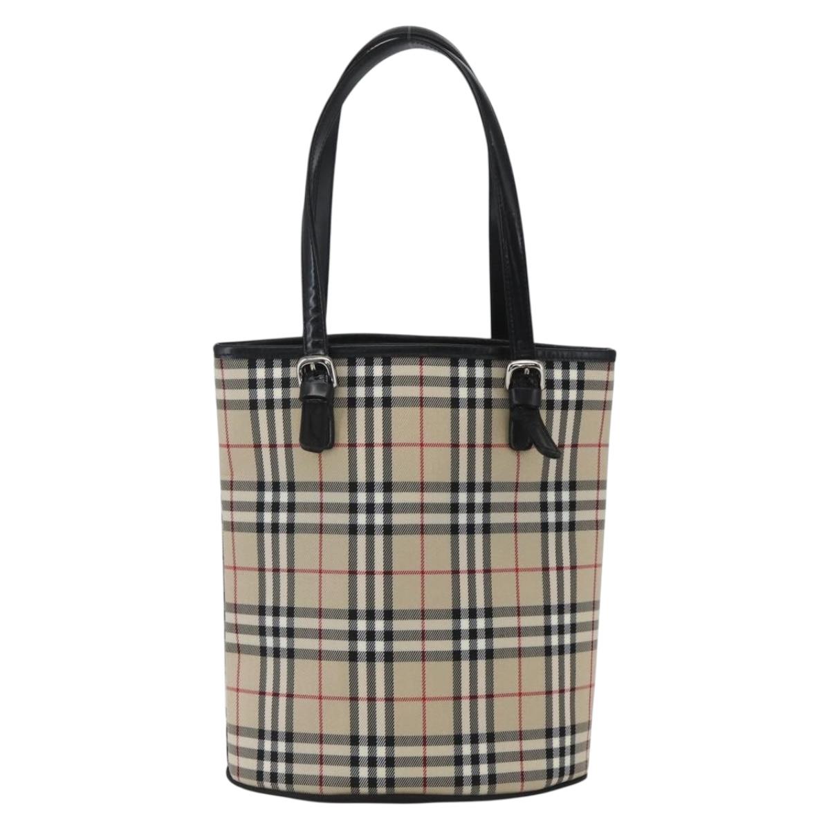 BURBERRY Nova Check Blue Label Hand Bag Nylon Beige Silver Auth 169406