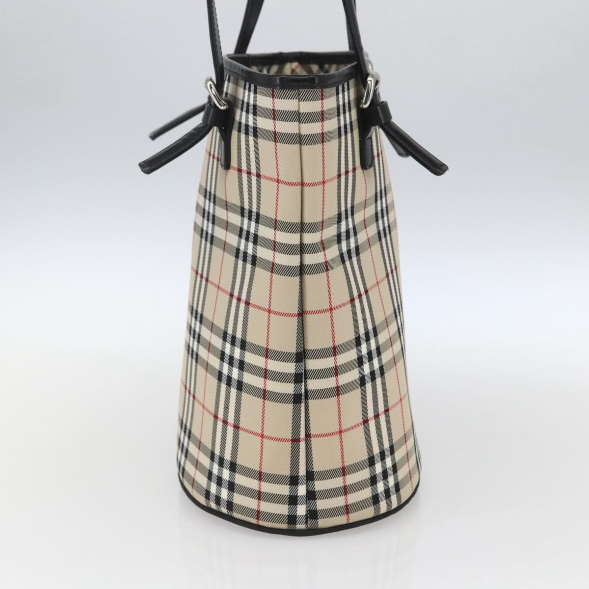 BURBERRY Nova Check Blue Label Hand Bag Nylon Beige Silver Auth 169406