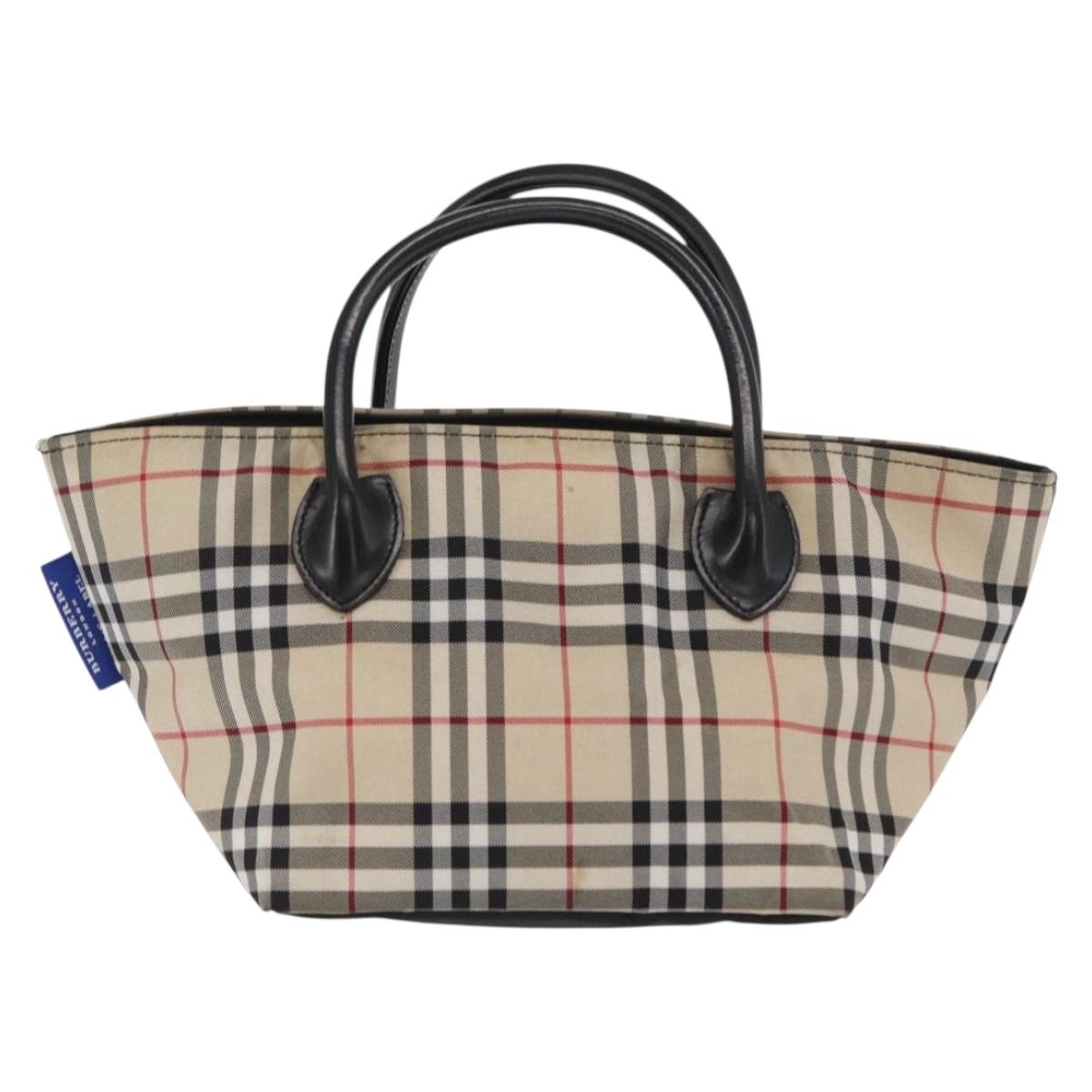 BURBERRY Nova Check Blue Label Hand Bag Nylon Beige Silver Auth 169408