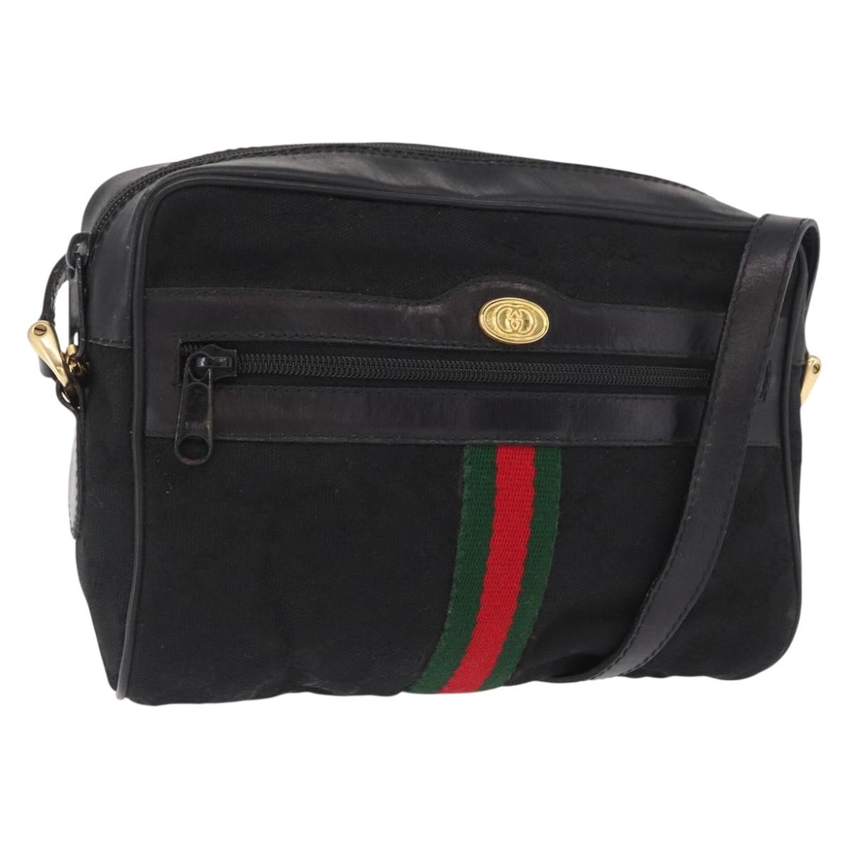 GUCCI GG Canvas Web Sherry Line Shoulder Bag Black Gold 010 378 Auth 169442