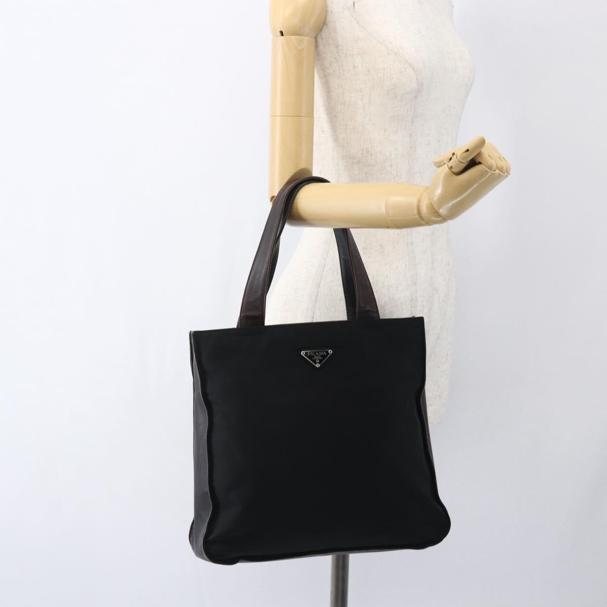 PRADA Tote Bag Nylon Leather Black Silver Auth 169452