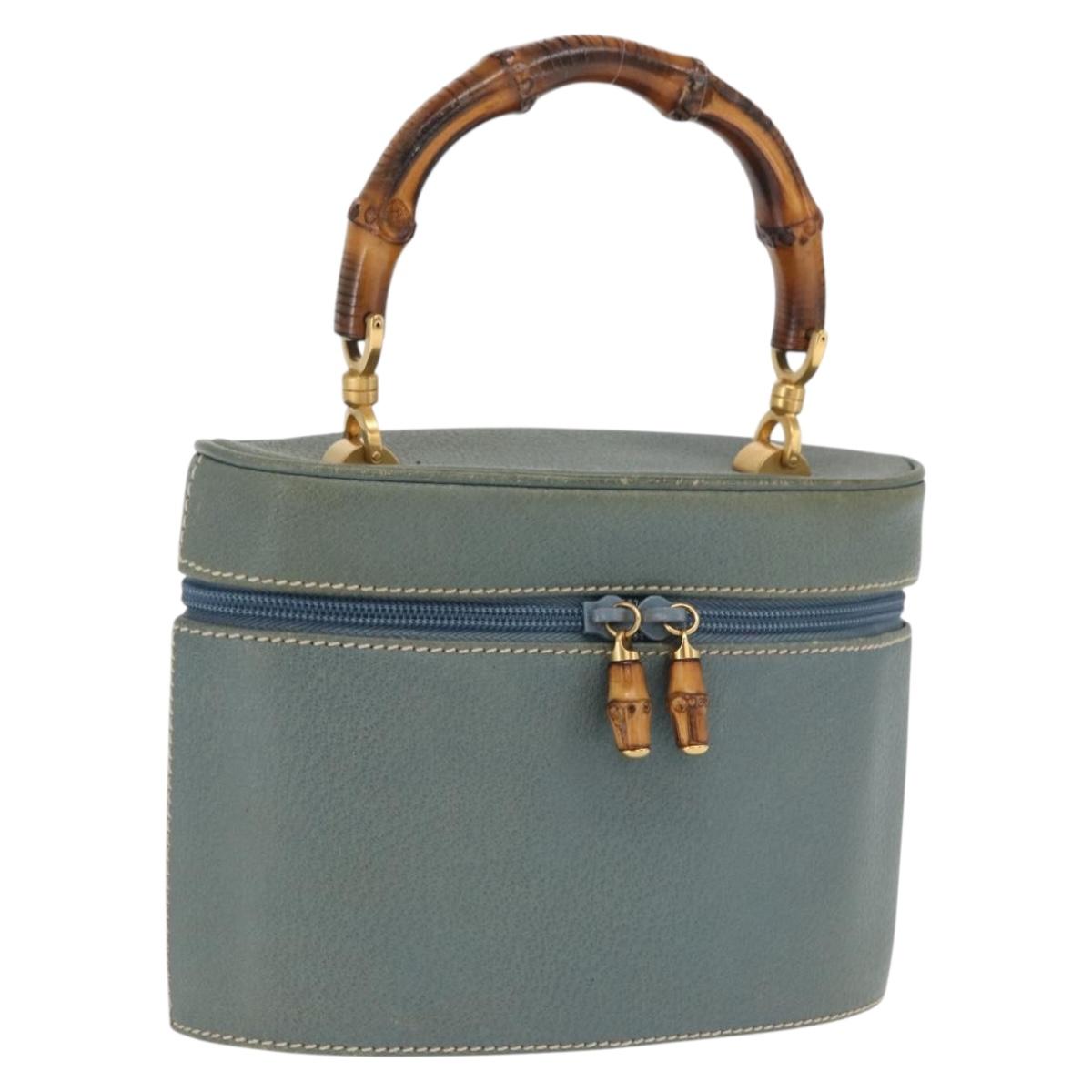GUCCI Bamboo Vanity Cosmetic Pouch Leather Blue Gold 000 984 0232 Auth 169467