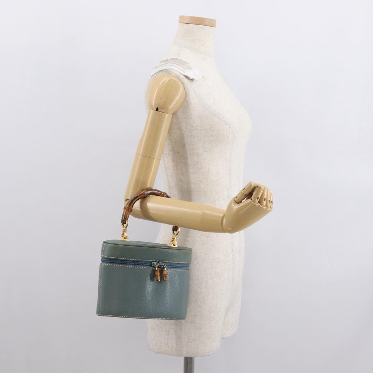 GUCCI Bamboo Vanity Cosmetic Pouch Leather Blue Gold 000 984 0232 Auth 169467