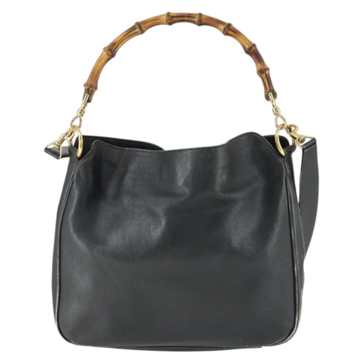 GUCCI Bamboo Hand Bag Leather 2way Black Gold 001 123 1638 Auth 169470