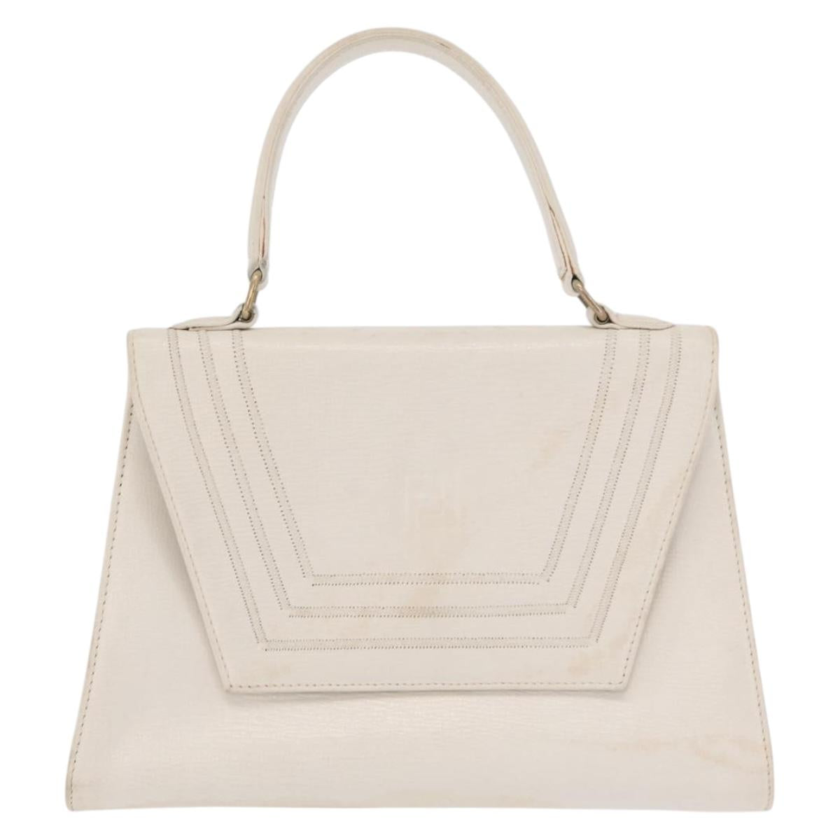 FENDI Hand Bag Leather White Gold Auth 169496