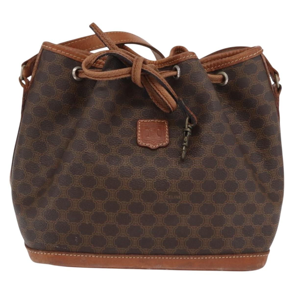 CELINE Macadam Canvas Shoulder Bag PVC Leather Brown Gold Auth 169499