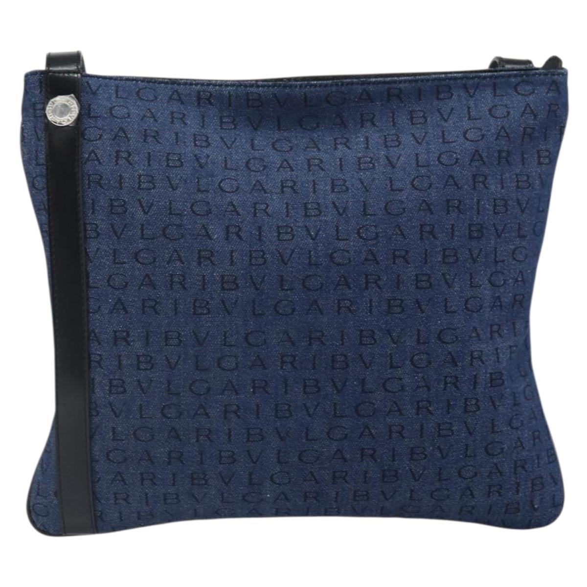 BVLGARI Logo Mania Shoulder Bag Canvas Blue Silver Auth 169505