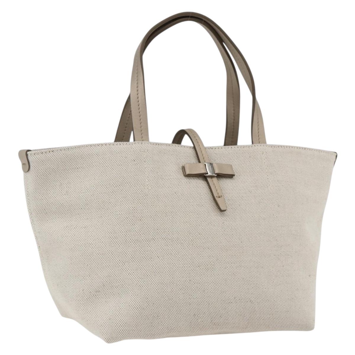 Salvatore Ferragamo Hand Bag Canvas Beige Gold Auth 169508
