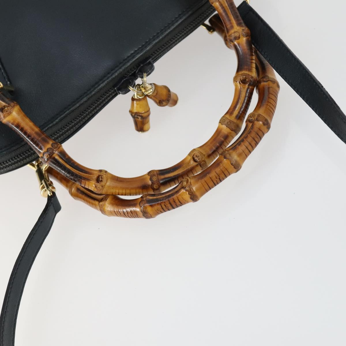 GUCCI Bamboo Hand Bag Leather 2way Black Gold 000 2122 0290 Auth 169514