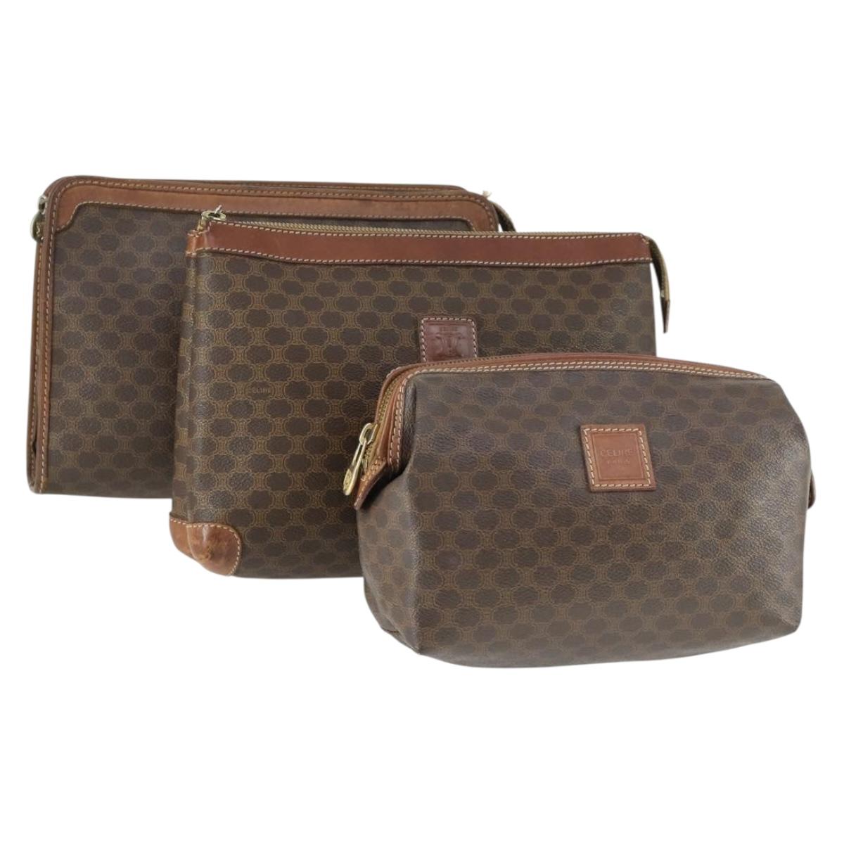 CELINE Macadam Canvas Clutch Bag PVC Leather 3 Set Brown Auth 169517