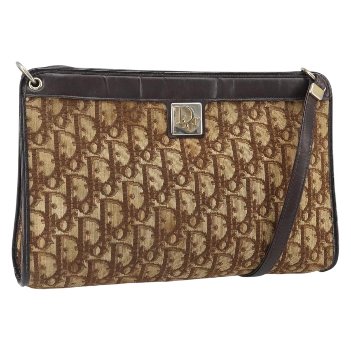 Christian Dior Trotter Canvas Shoulder Bag Beige Gold Auth 169555