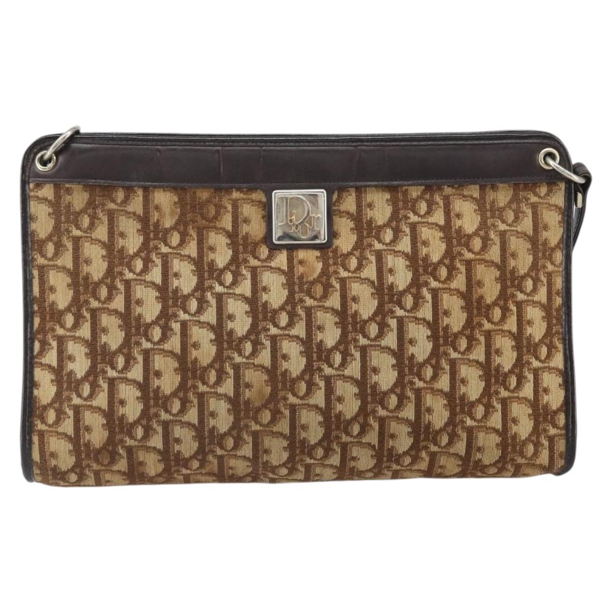 Christian Dior Trotter Canvas Shoulder Bag Beige Gold Auth 169555