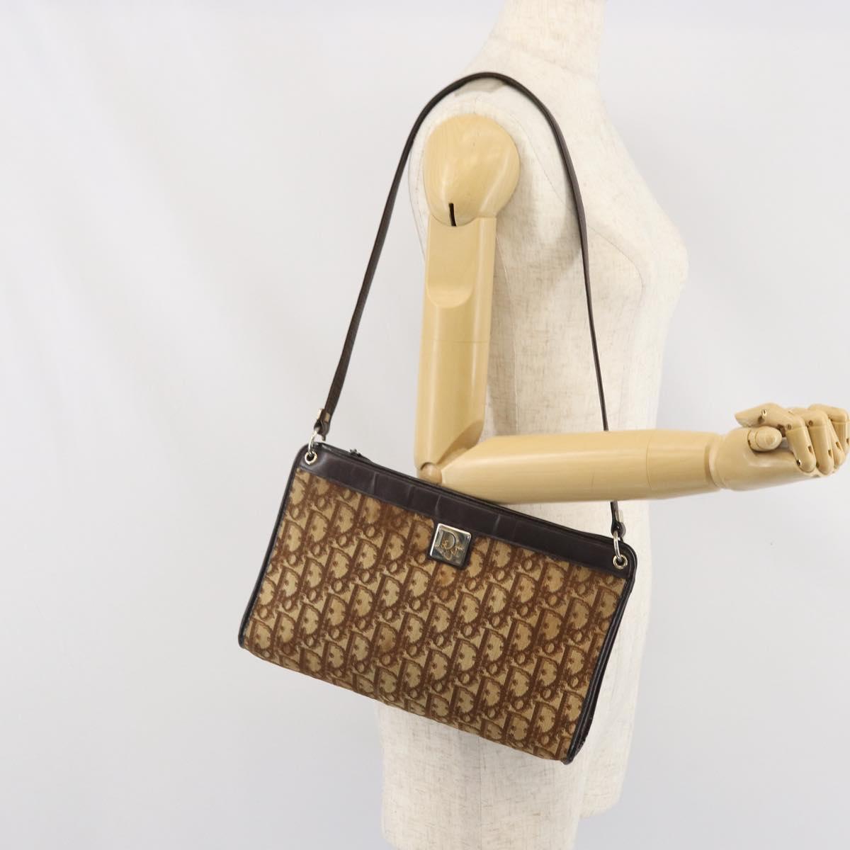 Christian Dior Trotter Canvas Shoulder Bag Beige Gold Auth 169555