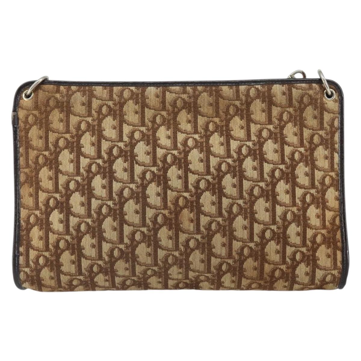 Christian Dior Trotter Canvas Shoulder Bag Beige Gold Auth 169555