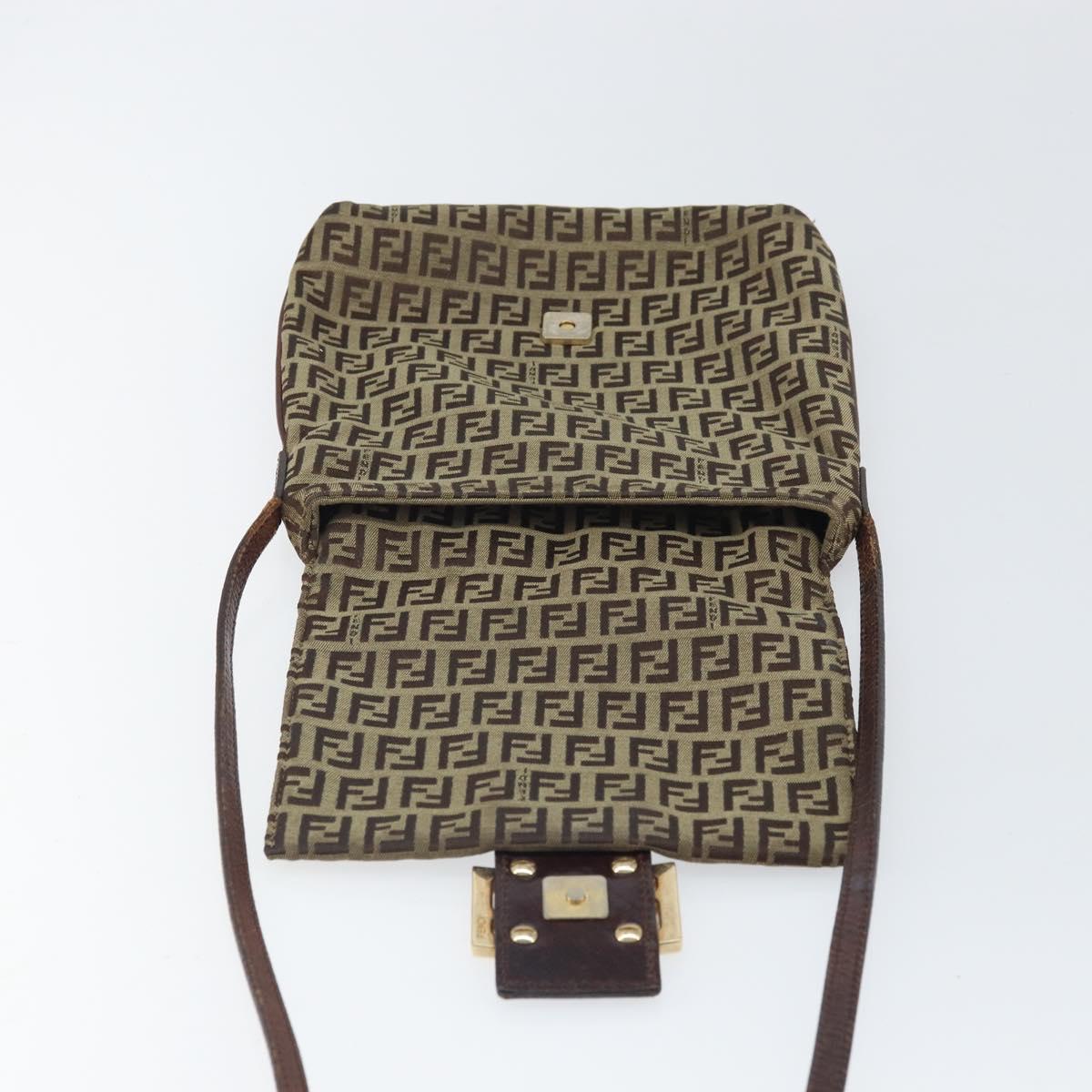 FENDI Zucchino Canvas Shoulder Bag Beige Gold Auth 169575