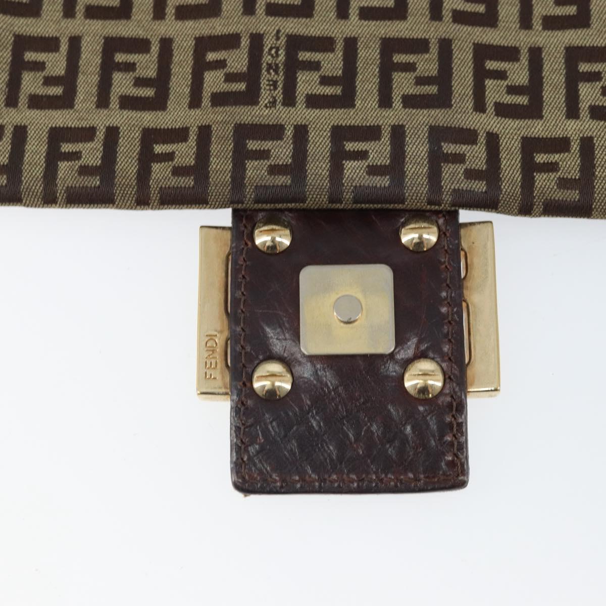 FENDI Zucchino Canvas Shoulder Bag Beige Gold Auth 169575