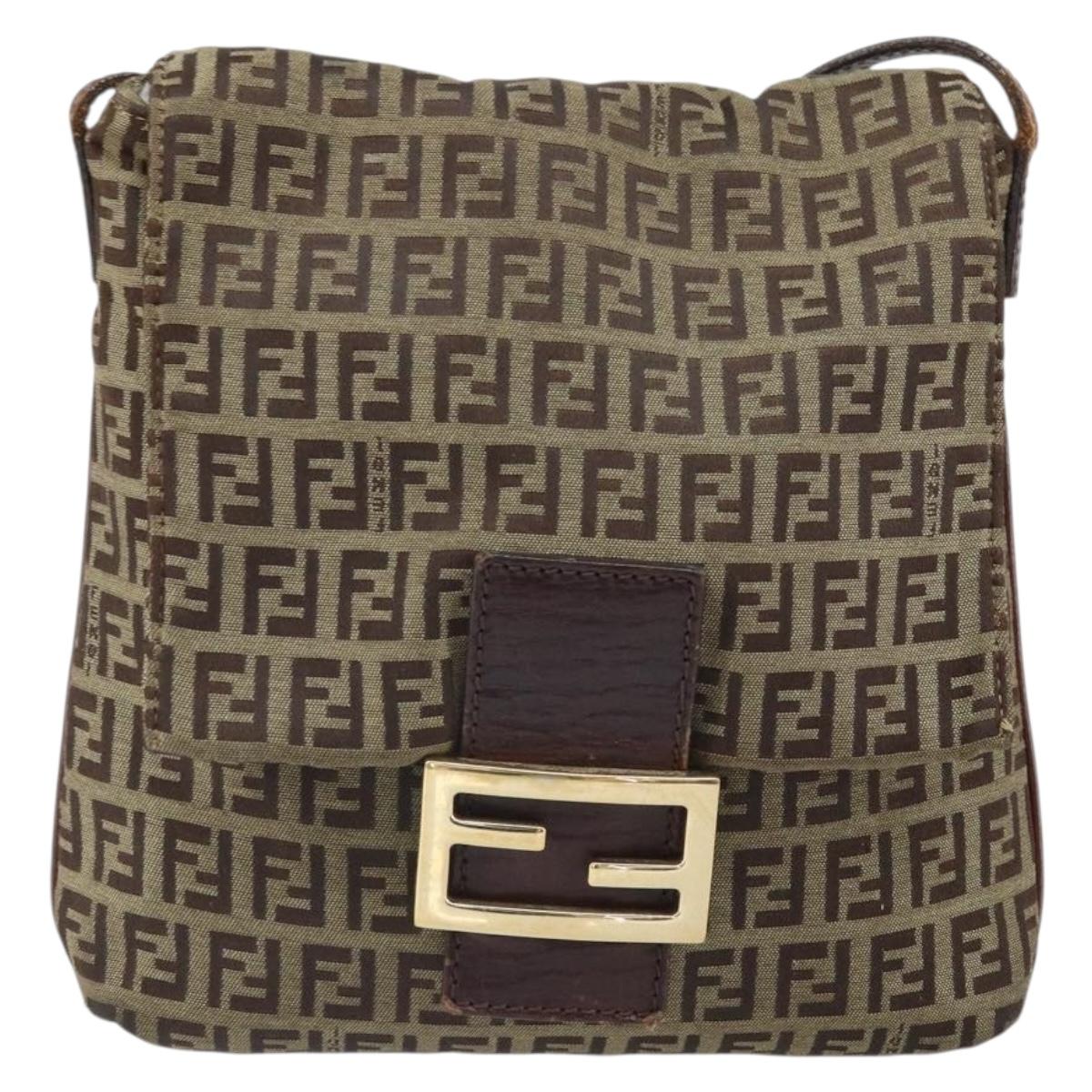 FENDI Zucchino Canvas Shoulder Bag Beige Gold Auth 169575
