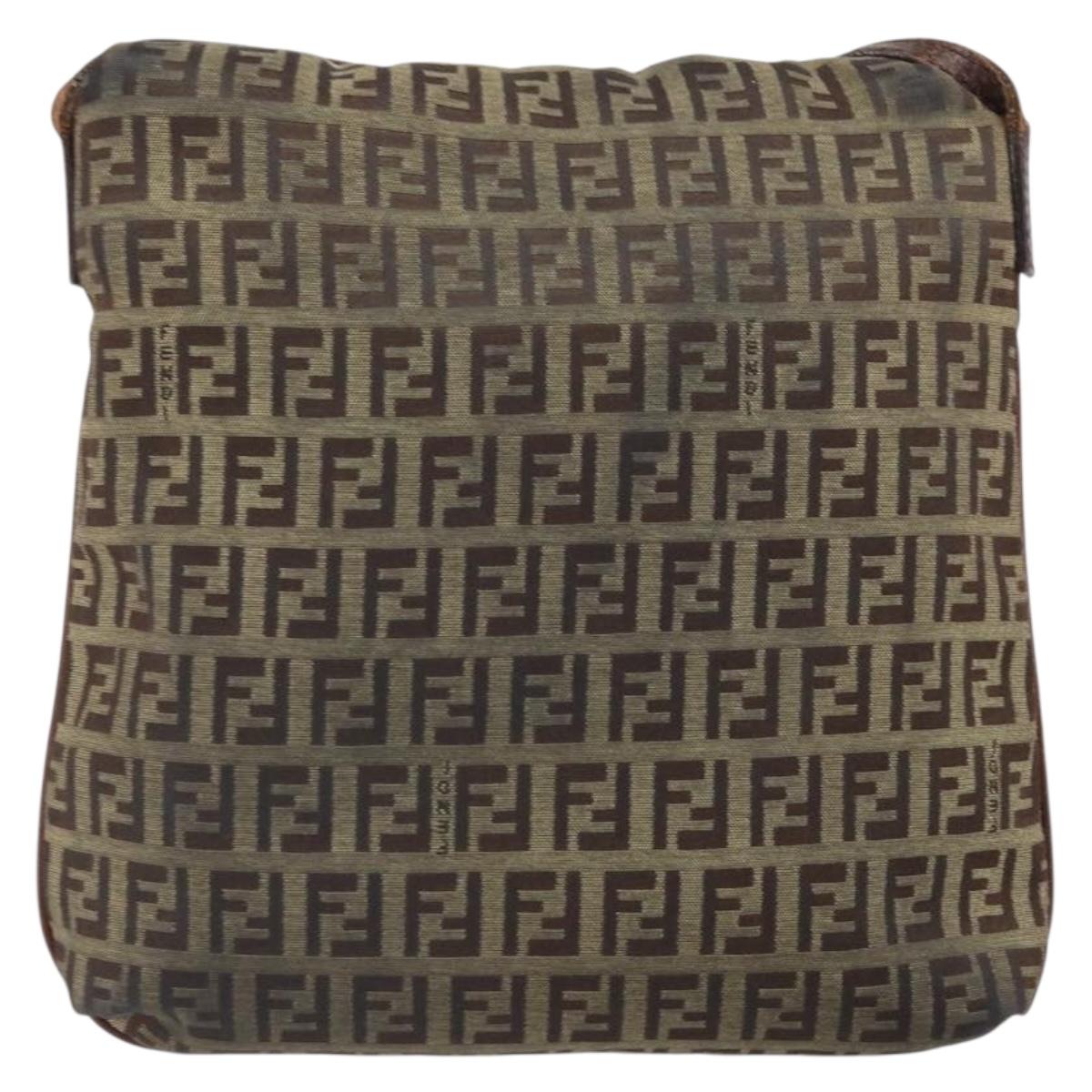 FENDI Zucchino Canvas Shoulder Bag Beige Gold Auth 169575