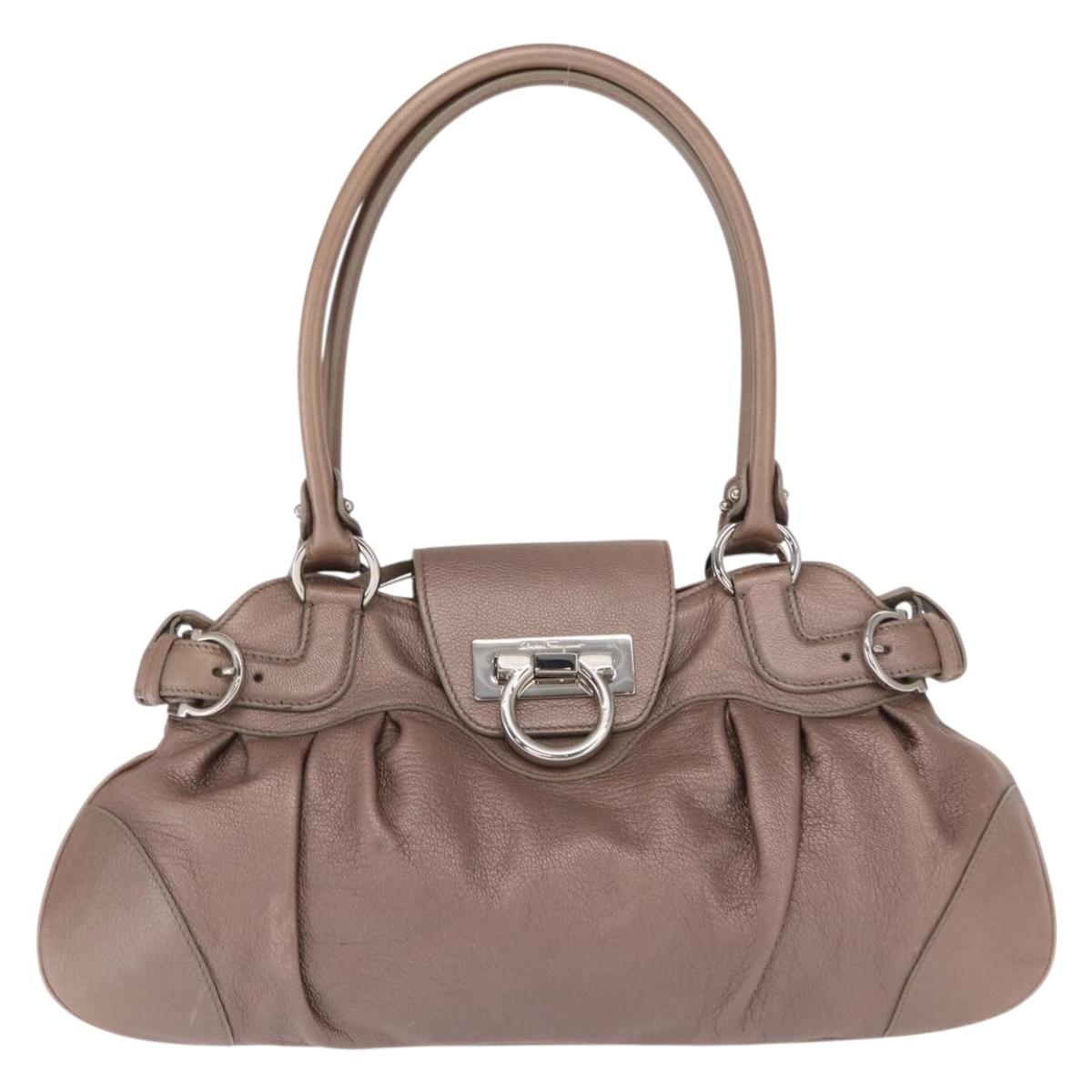 Salvatore Ferragamo Gancini Hand Bag Leather Beige Silver Auth 169577