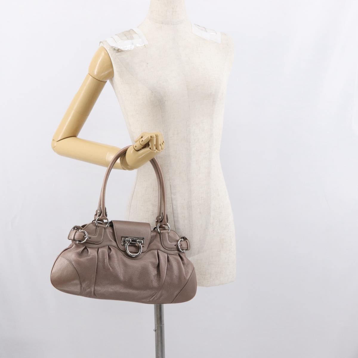 Salvatore Ferragamo Gancini Hand Bag Leather Beige Silver Auth 169577