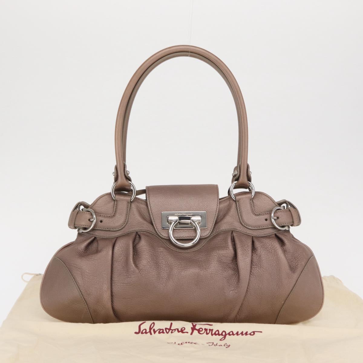 Salvatore Ferragamo Gancini Hand Bag Leather Beige Silver Auth 169577