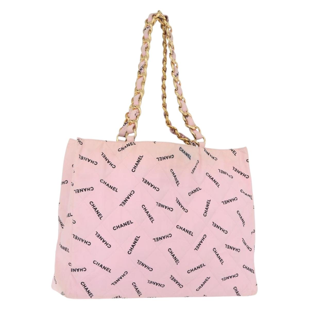 CHANEL Matelasse Chain Tote Bag Canvas Pink Gold CC Auth 169588A
