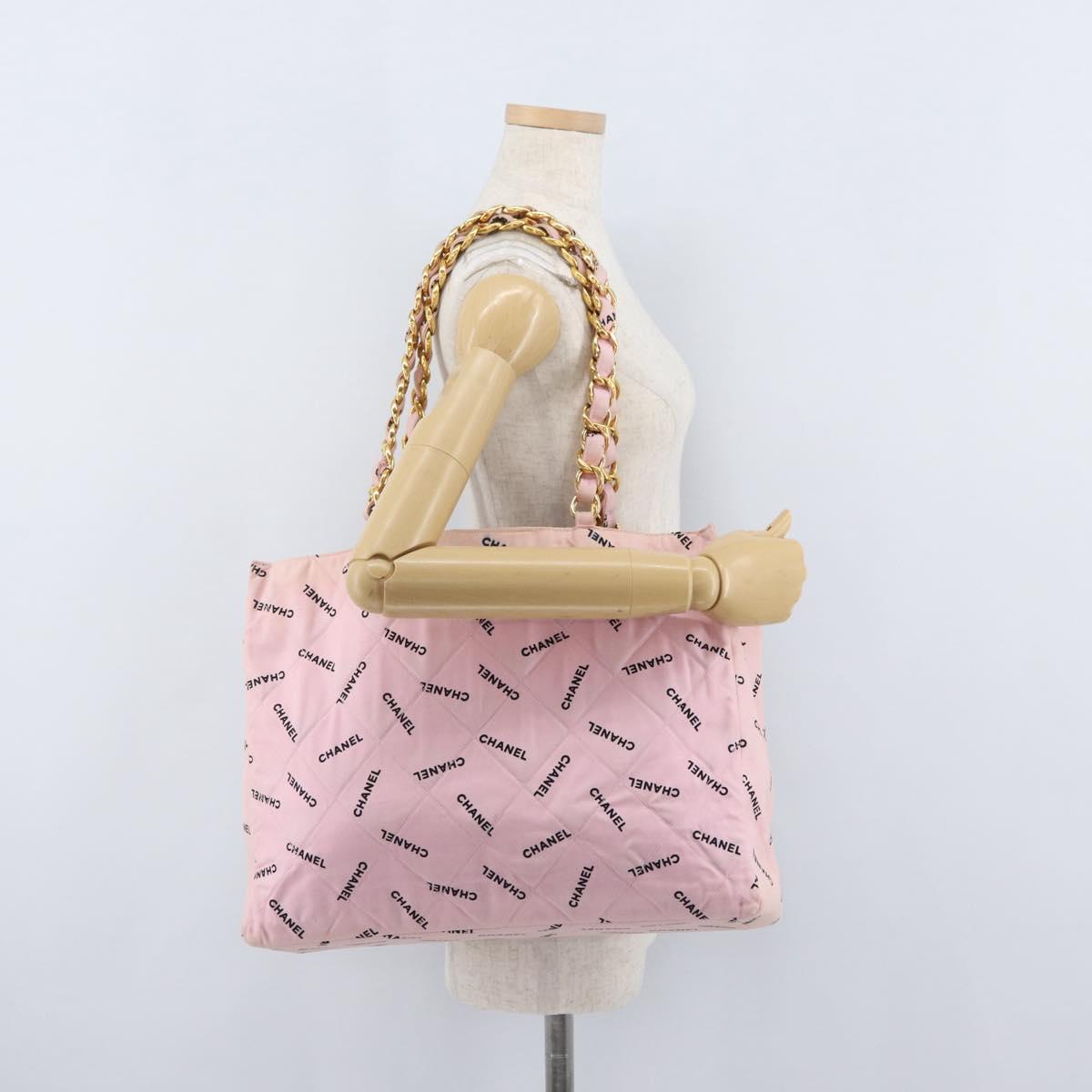 CHANEL Matelasse Chain Tote Bag Canvas Pink Gold CC Auth 169588A